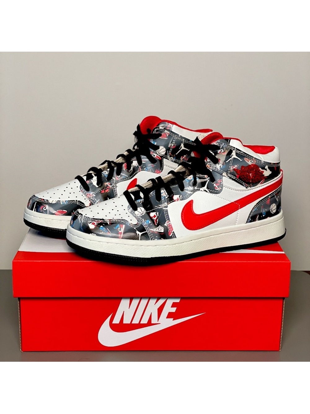 Jordan Mid Sneakers in White, Red, Black